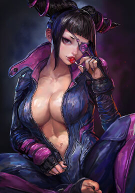 1girls asian asian_female barefoot big_breasts black_hair bodysuit breasts busty capcom cleavage eyepatch female fingerless_gloves jumpsuit juri_han light-skinned_female light_skin lollipop michemashu painted_fingernails painted_nails painted_toenails purple_eyes street_fighter zipper zipper_down