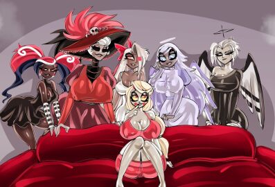 6girls angel angel_girl angel_wings big_breasts big_hat bitterbunz black_halo breasts charlie_morningstar charlie_morningstar_(hazbin_hotel) cleavage clothed couch demon demon_girl emily_(hazbin_hotel) fallen_angel female half_angel half_demon halo hat hazbin_hotel hellaverse hybrid_species imminent_gangbang imminent_orgy imminent_sex long_hair lute_(hazbin_hotel) mature mature_body mature_female mature_figure mature_woman meme meme_in_the_background meme_pose meme_reference nephalem piper_perri_surrounded power_(angel) rosie_(hazbin_hotel) seraph seraph_(angel) seraphim short_hair sitting standing surrounded twitter vaggie_(hazbin_hotel) velvette vivienne_medrano vivziepop yuri