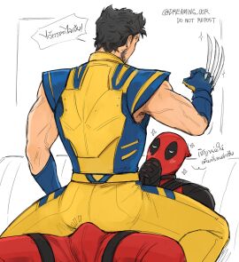 2boys ass back bara black_bodysuit black_hair blue_bodysuit blush bodysuit boner bulge claw_(weapon) deadpool dreaming_oor erection erection_under_clothes facial_hair gay male male_focus male_only marvel marvel_comics multiple_boys multiple_males muscular muscular_male own_hands_together praying red_bodysuit short_hair sitting sitting_on_person translation_request twitter_username two-tone_bodysuit weapon wolverine_(x-men) x-men yaoi yellow_bodysuit