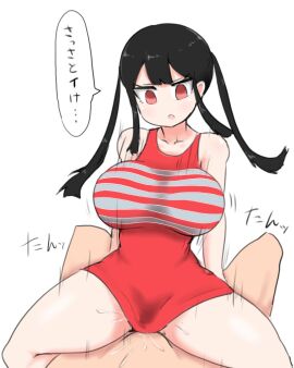 1boy :o assertive_female black_hair bouncing_breasts breasts clothed_sex collarbone commentary_request cowboy_shot cowgirl_position dress empty_eyes expressionless female highres huge_breasts implied_sex jitome long_hair long_sidelocks looking_down lower_body lying madoro mamiya_hina motion_lines on_back original red_dress red_eyes sex short_dress sidelocks simple_background sitting sitting_on_person sleeveless sleeveless_dress sound_effects speech_bubble straddling tsurime twintails v-shaped_eyebrows vaginal_penetration white_background