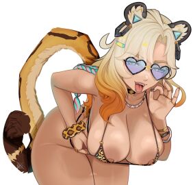 1girls ass bent_over bikini blonde_hair blowjob_gesture bottomless bracelet breasts cat_ears cat_girl cat_tail catgirl choker earrings fellatio_gesture female female_only genshin_impact glasses green_eyes gyaru heart-shaped_eyewear heart_glasses high_res high_resolution highres large_ass large_breasts leopard_girl leopard_print leopard_print_bikini nipple_slip nipples open_mouth solo solo_female tan tan-skinned_female tan_skin tanned tanned_skin thick_thighs thighs tongue tongue_out white_background x_e11e xilonen_(genshin_impact)