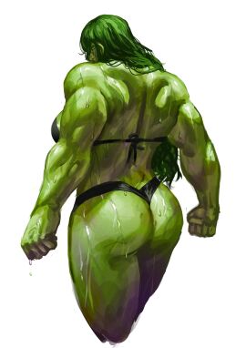 1girls 2d 2d_(artwork) ass back_view big_ass big_breasts black_bra black_panties black_thong bra breasts female female_only green-skinned_female green_body green_eyes green_hair green_skin hulk_(series) long_hair looking_at_viewer looking_back looking_over_shoulder marvel marvel_comics muscles muscular muscular_arms muscular_back muscular_female painting_(artwork) she-hulk sideboob simple_background solo sweat sweatdrop sweaty_body thong virgoart1509 white_background