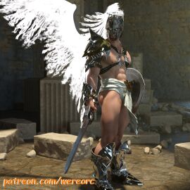 1boy 1human 3d 3d_(artwork) 3d_model aasimar abs angel angel_wings angelic bara blue_eyes cherub glowing_eyes hero heroic_fantasy male masculine muscles muscular muscular_chest muscular_male oc original original_character pecs shield skimpy_armor sword warrior wereorc_(artist) yaoi