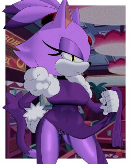absurd_res ass_peek bedroom_eyes big_breasts blaze_the_cat breasts dress dress_lift female forehead_gem hair_up highres inviting lace_panties naked_cake123 orange_eyes panties panty_peek purple_fur sega shoulder_tuft sonic_(series) sonic_the_hedgehog_(series) strawberrycake_(artist) tail the_murder_of_sonic_the_hedgehog thighs train_interior