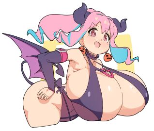 1girls anime_nose armpit_crease armpits armwear bat_wings bent_forward big_breasts breast_focus breast_support breasts bulging_breasts bust busty chestnut_mouth choker cleavage cyan_hair demon detached_sleeves earrings female female_only frilled_choker full_cleavage halter_top halterneck heart_ring hozuki_kaede huge_breasts large_breasts light-skinned_female light_skin looking_at_viewer low_wings naze no_nose onii-chan_wa_oshimai! pink_hair pumpkin_earrings purple_clothing purple_horns purple_tail purple_wings shiny_breasts sling_top small_but_busty solo spade_tail succubus tail tareme two-tone_hair uncontainable_breasts underboob white_background wings