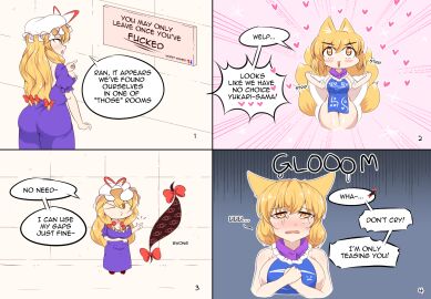 4koma :p almost_naked animal_ear_fluff ass ass_visible_through_clothes ass_visible_under_skirt blonde_hair blush bow breasts clenched_hands collared_shirt comic crying english_text female fox_ears fox_girl frilled_dress gap_(touhou) golden_eyes heart humor jungleboyayaya large_breasts long_hair mob_cap multi_tail multiple_bows naked_tabard numbered_panels padded_room prank puffy_short_sleeves purple_dress ran_yakumo red_ribbon rejection requesting_sex ribbon short_sleeves sidelocks snapping_fingers sound_effects speech_bubble stripping tabard tail tails tearing_up tears touhou wholesome wink yakumo_ran yakumo_yukari yukari_yakumo yuri