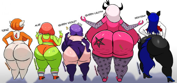 5girls alie_(androjuniarto) alien alternate_color ass ass_bigger_than_head ass_chart ass_comparison ass_focus big_ass big_breasts breasts breasts_bigger_than_head cellulite chart crossover demon demon_girl female furry gardevoir generation_3_pokemon green_skin hands_on_ass hands_on_hips huge_ass huge_breasts hyper hyper_ass hyper_breasts lineup milf nintendo oc original original_character pokemon pokemon_(species) pokémon_(species) queen queen_lilith_(megabippy) queen_violet_(daisy-pink71) ssleviathann succubus succubus_queen tagme text topaz_(caveman147)