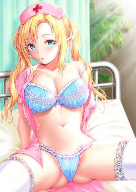 1girls ayase-mio bed blonde_hair blue_bra blue_eyes blue_lingerie blue_panties bra breasts cleavage curtain dress elf female female_only large_breasts lingerie looking_at_viewer midriff navel nurse nurse_cap nurse_uniform on_bed open_dress original panties pink_dress plant stockings thighhighs twintails