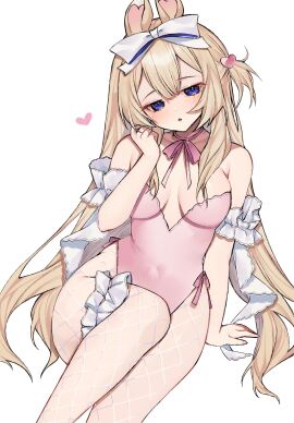 1girls alternate_costume bangs bare_shoulders blonde_hair blue_eyes blush bow breasts bunny_ears bunny_girl bunnysuit cleavage collarbone detached_collar detached_sleeves eyebrows_visible_through_hair female fishnet_legwear fishnets hair_between_eyes hair_bow hair_ornament hairband half-closed_eyes hand_up heart leotard long_hair looking_at_viewer pantyhose pink_hairband pink_leotard ribbon simple_background sitting small_breasts solo strapless_leotard very_long_hair virtual_youtuber vyugen white_background yenko