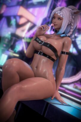 1girls 3d almost_naked ashikoxiv barely_clothed belt breasts cat_ears cat_girl cat_tail catgirl covered_nipples eutrope female final_fantasy final_fantasy_xiv large_breasts lollipop miqo'te ponytail seductive_look solo solo_female thighs toned_female two-tone_hair