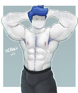 1boy abs arm_hair armpit_hair bara beard blue_hair chest_hair facial_hair forsaken_(roblox) guest_1337_(forsaken) hairy_armpits hairy_chest hand_behind_head happy_trail male muscular muscular_male navel_hair nipples pubic_hair_peek rebelliousmilk roblox roblox_game robloxian sweat sweatdrop sweating topless topless_male watermark white_skin yaoi