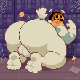 1:1 animated ass balls beetleartz big_butt bookshelf bouncing_butt deltarune empty_eyes food for_a_head fruit furniture genitals hi_res humanoid inviting jackenstein looking_at_viewer looking_back male male/male muscular object_head plant presenting presenting_hindquarters pumpkin pumpkin_head rear_view short_playtime solo solo_focus tail teasing undertale_(series)