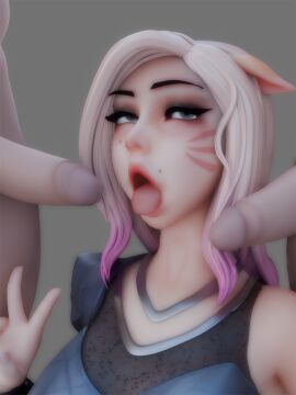 1girls 2boys 3d ahe_gao ahegao ahri big_breasts blonde_hair breasts egirl female fox_ears fox_girl half-closed_eyes k/da_ahri kittyyevil league_of_legends light-skinned_female light_skin lipstick makeup male penis red_lipstick surrounded_by_penises tongue tongue_out v_sign
