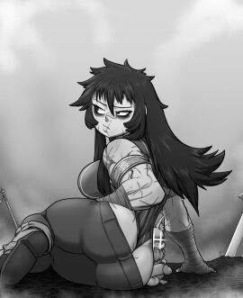 akira_(ramia-yana) anthro arm_scar armband ass bedroom_eyes big_ass big_breasts big_butt black_hair bottomwear bottomwear_down breasts butt_scar clothed clothing embarrassed exposed_butt eye_bags eyelashes facial_scar female footwear fox_ears frown frown_eyebrows fur genitals glistening glistening_eyes hair hand_wraps hi_res human imminent_sex jewelry larger_female leotard long_hair looking_at_viewer looking_away lying male male/female mammal melee_weapon monster monster_on_human muscular muscular_female narrowed_eyes noahdoesart on_side pants pants_down partially_clothed penis ramia ramia-yana ramia_(ramia-yana) scar scar_on_body seductive shoes short_stack size_difference smaller_male smile smiling_at_viewer smirk smirking_at_viewer squint sword thick_thighs weapon worried wraps