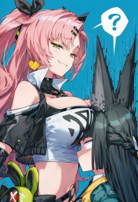 0xcarnation 2girls black_hair breasts breasts_on_head cat_ears clothes female pink_hair shocked zenless_zone_zero