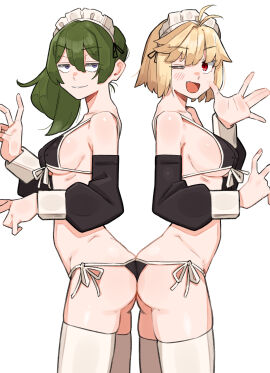 2girls :d ahoge arcueid_brunestud ass ass-to-ass back-to-back bare_shoulders bikini black_bikini black_sleeves blonde_hair blush blushing breasts crossover female frieren_beyond_journey's_end green_hair grin hair_ornament hair_ribbon looking_at_viewer maid maid_bikini melty_blood multiple_females multiple_girls open_mouth peace_sign ponytail press purple_eyes red_eyes short_hair sideboob simple_background sousou_no_frieren thighhighs tsukihime type-moon ubel_(sousou_no_frieren) voice_actor_connection