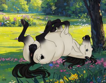 alexvalyutin animal_genitalia animal_pussy anus black_hair breasts clitoral_winking clitoris crotchboobs equid equine equine_genitalia equine_pussy female feral fur genitals grass grey_body grey_fur hair hi_res hooves horse looking_at_viewer lying mammal meadow on_back outside plant pussy quadruped solo tree