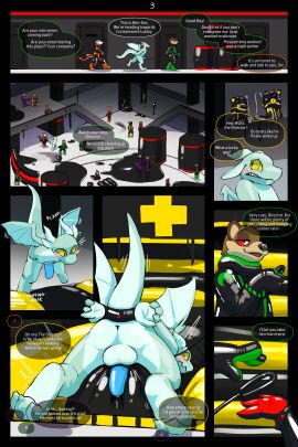 2023 2:3 4_fingers absurd_res anthro ass biped black_clothing blue_penis blush bodysuit bondage bound brown_body brown_fur bulge claws clothed clothing comic comic_page confusion cuff_(restraint) detailed_background dialogue digital_media_(artwork) dragon dronesuit ear_piercing ear_tag embarrassed english_text erection exclamation_point fingers flapping_wings fur genitals gloves green_clothing grey_body grey_fur grope group hand_on_ass hand_on_butt handcuffs hands_tied hands_tied_behind_back handwear hi_res horn latex latex_clothing latex_gloves latex_handwear liquid_latex long_tail looking_back male mammal membrane_(anatomy) membranous_wings metal_cuffs mythological_creature mythological_scalie mythology nude onomatopoeia orange_clothing page_3 page_number penis penis_tied piercing purple_clothing rear_view red_clothing red_eyes restraints scalie sexotheque skinsuit sound_effects speech_bubble stuck tail text tight_clothing trio_focus white_body white_fur wings yellow_clothing yellow_eyes