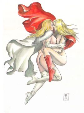 2girls blonde_female blonde_hair breasts crossover dc dc_comics dc_vs._marvel emma_frost female female_only gene_espy hellfire_club kara_zor-el large_breasts lesbian_kiss marvel marvel_comics pinup supergirl superman_(series) white_queen x-men yuri
