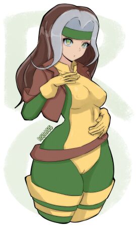 belt big_breasts birdb55 breasts cameltoe clothed clothed_female clothing female female_only fully_clothed fully_clothed_female hand_on_belly hand_over_breast hand_over_breasts headband jacket looking_at_viewer marvel marvel_comics multicolored_hair nipple_bulge pussy rogue_(x-men) shiny shiny_clothes shiny_skin solo solo_female thick_thighs voluptuous voluptuous_female x-men