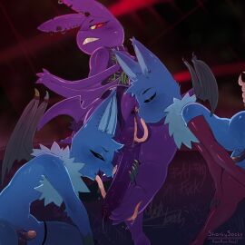 alternative_fashion anal anthro anus ass balls balls_lick bat_wings blue_body blue_fur choker clothing clothing_aside crobat ear_piercing ear_ring erection feet femboy fingerless_gloves foot_fetish foot_lick foot_play fur gay generation_2_pokemon generation_5_pokemon genitals gloves graffiti group handwear hi_res humanoid_genitalia humanoid_penis jewelry latex latex_clothing latex_legwear latex_thigh_highs legwear licking long_penis long_tongue male male/male membrane_(anatomy) membranous_wings neck_tuft necklace nintendo notched_ear oral penis penis_size_difference piercing pokemon pokemon_(species) punk purple_body purple_fur red_eyes rimming ring_piercing sex sharkysocks small_penis small_wings swoobat text thigh_highs tongue tongue_out trio tuft underwear underwear_aside wings