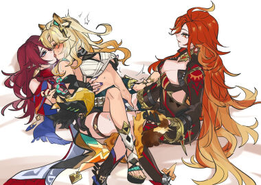 3girls big_breasts blue_eyes breasts chasca_(genshin_impact) female fff_threesome genshin_impact kissing long_hair mavuika_(genshin_impact) mavuinen natlan_girls orange_hair red_eyes red_hair thighs threesome xilonen_(genshin_impact) yellow_eyes yellow_hair yuri