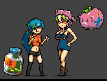 2girls artist_request belly belly_button big_breasts black_socks boots breasts brush cash clothed clothed_female clothes clothing curvy curvy_body curvy_female curvy_figure dead_ahead female female_focus female_only gijinka long_hair long_socks looking_at_partner looking_at_viewer money piggyback pixel pixel_(artwork) pixel_art pixelated reference_image rule_63 seductive seductive_body seductive_look seductive_pose seductive_smile short_hair socks source_request young younger_female