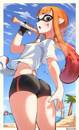 2022 2022s ass baseball_bat beach bike_shorts black_gloves black_shorts blue_sky blunt_bangs border cloud day eyebrows female female_focus female_only fingerless_gloves from_behind gloves highres holding holding_baseball_bat ink inkling inkling_girl inkling_player_character innertube kaori_(splatoon) long_hair looking_back matching_hair/eyes nintendo open_mouth orange_eyes orange_hair outdoors outside_border palm_tree partially_submerged pointy_ears sand see-through see-through_shorts shirt short_shorts short_sleeves shorts single_fingerless_glove sky splatoon splatoon_(series) suction_cups sunlight sweat sweatdrop sweatdrop_on_leg swim_ring t-shirt teeth tentacle_hair thighs tree upper_teeth water wersman white_border white_shirt