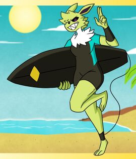 big_breasts breasts eeveelution female furry jolteon nerdyreindeer pokemon pokemon_(species) pokémon_(species) surfboard surfer thick_thighs wide_hips