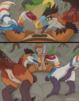 animal_genitalia ass being_watched big_ass big_butt big_penis bodily_fluids brown_body brown_feathers cave claws clever_girls cloaca closed_eyes clothed clothing collaborative collaborative_fellatio collaborative_sex cum cumshot daisy_(clever_girls) detailed_background dinosaur ejaculation feathered_dinosaur feathered_scalie feathers fellatio female female_feral feral genital_danger_play genital_fluids genitals group hi_res human human_on_feral interspecies licking long_neck looking_at_another looking_at_viewer male male/female male_on_feral mammal open_clothing open_mouth oral orange_eyes penile penis penis_in_mouth penis_lick prati_(clever_girls) prehistoric_species pubes raised_tail reptile sawyer_(clever_girls) scalie sex shade_(clever_girls) sharp_teeth smile strohdelfin tail teeth tongue trio two_panel_image vein white_body white_eyes white_feathers zoophilia