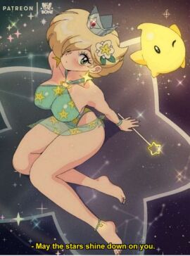 ankle_bracelets barefoot blonde_hair blue_eyes bluethebone earrings english_text feet female flower_in_hair hair_over_one_eye luma magic_wand mario_(series) nintendo princess_rosalina retro_artstyle sitting subtitled swimwear text thighs
