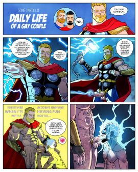 abs balls bara biceps big_balls big_penis blowjob daddy english_text erection gay gay_blowjob inkolloart male male/male male_nipples male_only marvel marvel_comics masculine_male mature_male muscular muscular_male nipples nude oral oral_sex pecs penis text thor_(marvel) yaoi