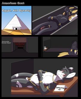 absurd_res accessory anthro anubis armorlessgoat canid canine canis cel_shading chastity_cage chastity_device clay_(armorlessgoat) cock_ring comic deity duo egyptian egyptian_mythology english_text gold_(metal) gold_jewelry hi_res jackal jewelry lagomorph leporid male male/male mammal middle_eastern_mythology mythology penis penis_accessory penis_jewelry pyramid rabbit shaded sleeping text