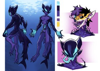 2022 absurd_res anthro anthro_only balls big_ears black_sclera blue_eyes blue_pupils colored digital_drawing_(artwork) digital_media_(artwork) erection feet fin fish genitals hair hi_res long_tongue male marine marvel marvel_comics maxspite membrane_(anatomy) model_sheet no_pupils nude open_mouth penis pupils shark slime smile solo solo_male symbiote tail teeth toes tongue tongue_out underwater water webbed_feet webbed_hands