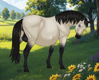 above_average_crotchboobs alexvalyutin animal_genitalia animal_pussy anus belly big_belly black_hair breasts clitoral_winking clitoris crotchboobs equid equine equine_anus equine_genitalia equine_pussy female feral flower fur genitals grass grey_body grey_fur hair hi_res hooves horse looking_back mammal meadow outside plant pregnant pregnant_female pregnant_feral pussy quadruped solo tree unborn_kicking