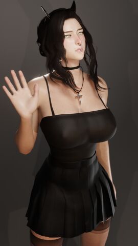 1girls 3d annoyed annoyed_expression black_choker black_hair black_headwear black_horns black_skirt black_tank_top blender blender_eevee breasts cat_eyes choker cross_earrings cross_necklace female female_only fully_clothed goth hair_bun headband horns huge_breasts lady_x_(osimai) looking_at_viewer nose_piercing nose_ring original_character osimai phone pleated_skirt skirt solo tank_top vampire_teeth waving waving_at_viewer wavy_hair yellow_eyes