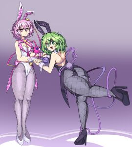 2girls ass big_ass black_thighhighs breasts bunny_ears bunny_tail bunnysuit captain_kirb color colored fake_animal_ears female female_only full_body green_eyes green_hair high_heels koishi_komeiji multiple_females multiple_girls pink_eyes pink_hair playboy_bunny satori_komeiji sisters small_breasts thick_thighs touhou white_thighhighs yokai youkai