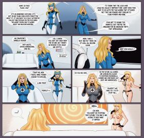 2girls alternate_costume big_breasts blonde_hair blue_eyes brainwashing breasts corruption couch curvy defeated defeated_heroine dialogue english_text fantastic_four female female_only femdom femsub hourglass_figure hypnosis invisible_woman long_hair marvel marvel_comics mind_control mother_and_daughter polmanning skin_tight slim_waist speech_bubble spiral spiral_eyes sue_richards sue_storm tech_control text undressing valeria_richards