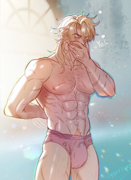 1boy abs biceps big_penis blonde-haired_male blonde_pubic_hair daddy gay gay_male genshin_impact hairy_abs hairy_arms hairy_chest hairy_male hairy_thighs happy_trail light-skinned_male male male_only muscular muscular_arms muscular_male penis pink_nipples pink_underwear scarred scars scars_all_over scars_on_arm tall_male varka_(genshin_impact) white_skinned_male yawning