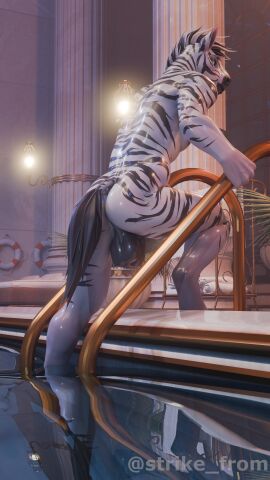 3d_(artwork) anthro ass backsack balls blender flaccid foreskin looking_back male muscular muscular_male nude nude_male pool strikefrommidnight tail zebra