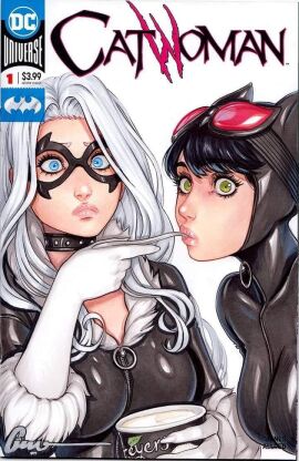 2girls black_cat_(marvel) black_hair blue_eyes catsuit catwoman caught_in_the_act collar comic_cover crossover dc dc_comics dc_vs._marvel domino_mask eyemask felicia_hardy female female_only goggles_on_head green_eyes ice_cream looking_at_viewer marvel marvel_comics omar_dogan pouty_lips selina_kyle skin_tight spoon suggestive surprised white_hair wide_eyed zipper