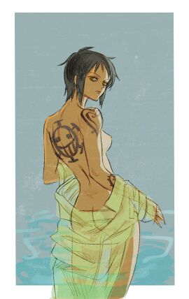 ass breasts female female_only from_behind genderswap genderswap_(mtf) nipples nude one_piece rule_63 tagme tattoos tesstessgreen trafalgar_law trafalgar_law_(female) translucent