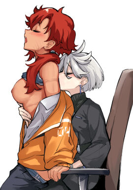 2girls blush bra bra_lift breasts chair closed_eyes female grey_hair gundam gundam_suisei_no_majo hair_over_shoulder head_back highres implied_fingering kissing_back large_breasts miorine_rembran mitsu_(tendou_itsuki) moaning multiple_females multiple_girls off_shoulder office_chair open_mouth ponytail red_hair reverse_upright_straddle scar short_hair sitting suit suletta_mercury swivel_chair turtleneck underwear wife_and_wife yuri