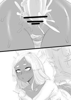 1boy 1girls 2koma amano44 ass big_ass black_and_white blush boku_no_hero_academia bottomless censored cum cum_in_pussy dark-skinned_male dark_skin doggy_style ejaculation eyes_rolling_back female female_focus izuku_midoriya light-skinned_male light_skin long_hair male meryl_hope minor_character my_hero_academia partial_male partially_clothed pubic_hair pussy sketch tan_body white_hair