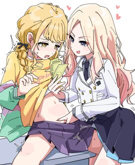 2girls :o absurdres banknote blonde_hair braid breath clothes_lift female female_only fingering fingering_partner fujita_kotone gakuen_idolmaster hair_ribbon hand_in_another's_clothes heart heart-shaped_pupils highres holding holding_money idolmaster jacket juo_sena leg_between_thighs long_hair looking_at_another money multiple_females multiple_girls navel ohgi910 purple_skirt ribbon school_uniform shirt shirt_lift simple_background skirt spread_legs stomach straight_hair sweat symbol-shaped_pupils trembling very_long_hair white_background white_jacket yellow_shirt yuri
