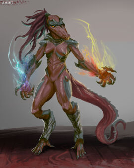 absurd_res ammit_(maddug) anthro athavan athletic athletic_anthro athletic_female breasts claws crocodile crocodilian crocodylid deity digitigrade dreadlocks elemental_manipulation female genitals gigeresque_(genre) green_body green_nipples hair hi_res natural_armor nipples nude nude_anthro nude_female ponytail pussy red_body reptile scalie sharp_teeth small_breasts solo teeth yellow_sclera