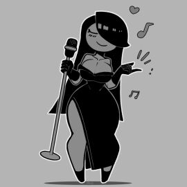 5_fingers animated ass_length_hair big_ass big_breasts big_butt black_hair bouncing_boobs bouncing_breasts breasts breath cleavage cream_(movailarts) dress exposed_shoulders exposed_thigh grey_skin holding_microphone holding_object hourglass_figure long_hair microphone monochrome movailarts music_notes musical_note shoulderless_dress simple_background singing slit_dress snapping_fingers tagme thick_thighs video wide_hips