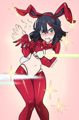 1girls blush breasts bunny_ears bunny_tail bunnysuit censored censored_nipples convenient_censoring covering_breasts embarrassed_female female female_only gyosone kill_la_kill latex latex_bodysuit matoi_ryuuko reverse_bunnysuit solo