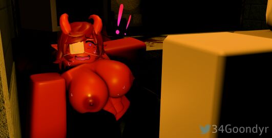 1boy 1girls 34goondyr 3d abs big_breasts breasts caught demon demon_girl dim_lighting faceless_male female male purple_eyes red_body red_hair roblox robloxian shocked surprised sweat sweatdrop tagme topless_female