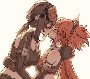 2girls animal_ears animal_ears_headband assertive assertive_female bear_ears big_breasts black_hair black_shirt black_tank_top blush breasts closed_eyes detached_sleeves eyelashes eyepatch fake_animal_ears female french_kiss french_kissing from_side goggles goggles_on_head grace_howard hairband height_difference holding_hands incest inseki kissing koleda_belobog lesbian_kiss long_hair multiple_females multiple_girls ponytail red_hair shirt sidelocks simple_background small_breasts smaller_female step-incest submissive submissive_female tank_top yuri zenless_zone_zero zipper